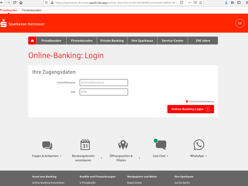 Diese Seite öffnet sich, wenn du den Link angeklickt  und Sparkasse Hannover ausgewählt hast – die Seite sieht verdammt echt aus...