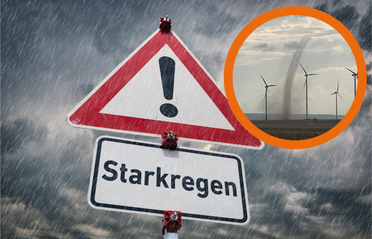 Starkregenschild vor Gewitter mit Tornado-Bild in die Ecke montiert