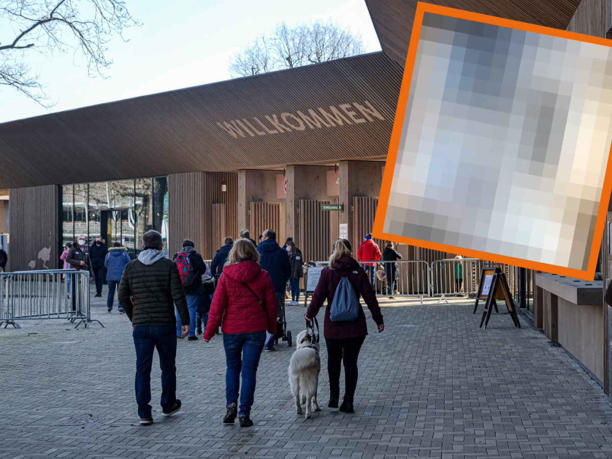 Eingangsbereich vom Zoo Hannover mit verpixelten Bild in der Ecke