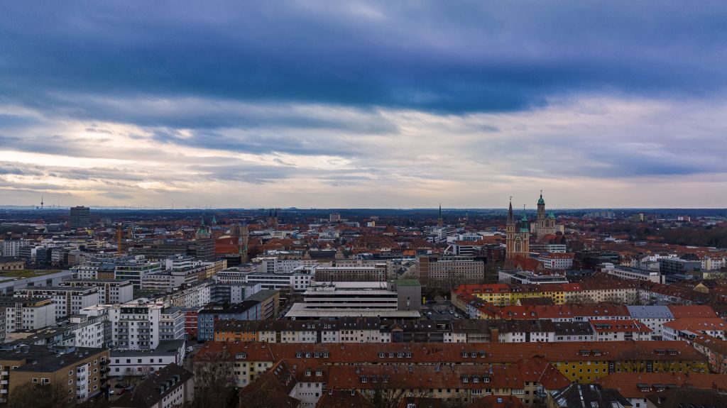 View over the city of Braunschweig in Lower Saxony with a dark cloudy sky