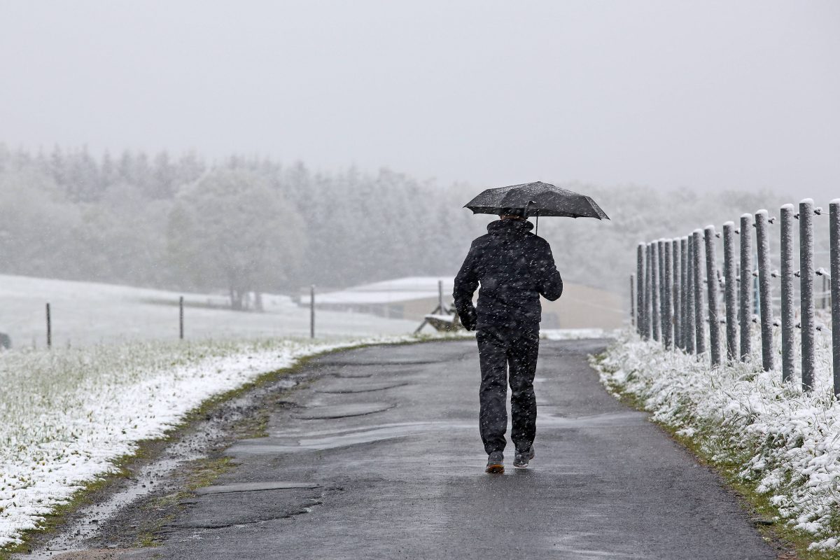 Person mit einem Regenschirm auf einem Feldweg