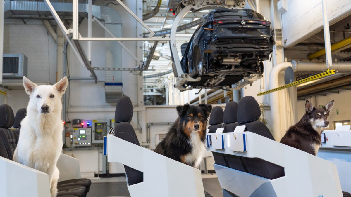 Hunde besuchen die Tayron Produktion im Volkswagen Werk Wolfsburg.